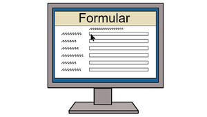 Zeichnung: Blick auf einen Computermonitor, auf dem ein Dokument mit der Überschrift "Formular" zu sehen ist.