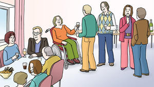 eine gezeichnete Szene von Menschen an Tischen im Gespräch, mit Knabbereien und Getränken, daneben stehen Menschen und unterhalten sich, eine Frau sitzt im Rollstuhl