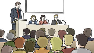 Zeichnung einer Tagungsveranstaltung: drei Personen sitzen auf einem Podium, daneben steht ein Mann an einem Mikrofon an einem Rednerpult, im Hintergrund eine Leinwand. Vor ihnen sitzen Zuhörerinnen und Zuhörer in Reihen.